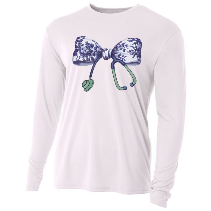 Cute Gift Floral Blue Coquette Bow Stethoscope Nurse Doctor Cooling Performance Long Sleeve Crew