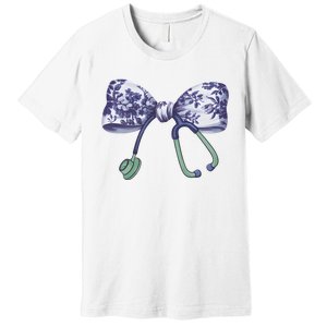 Cute Gift Floral Blue Coquette Bow Stethoscope Nurse Doctor Premium T-Shirt