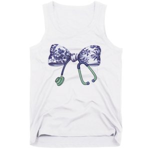 Cute Gift Floral Blue Coquette Bow Stethoscope Nurse Doctor Tank Top