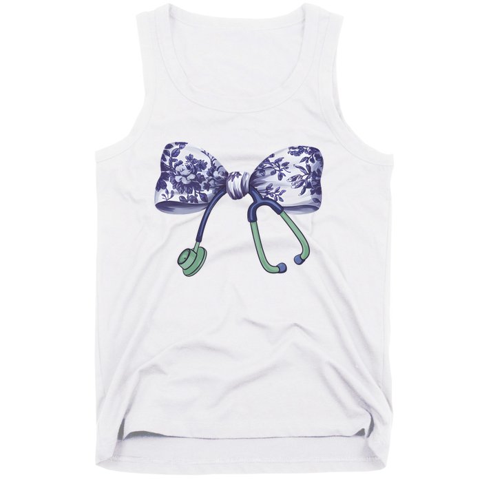 Cute Gift Floral Blue Coquette Bow Stethoscope Nurse Doctor Tank Top