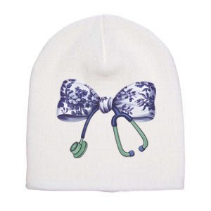 Cute Gift Floral Blue Coquette Bow Stethoscope Nurse Doctor Short Acrylic Beanie