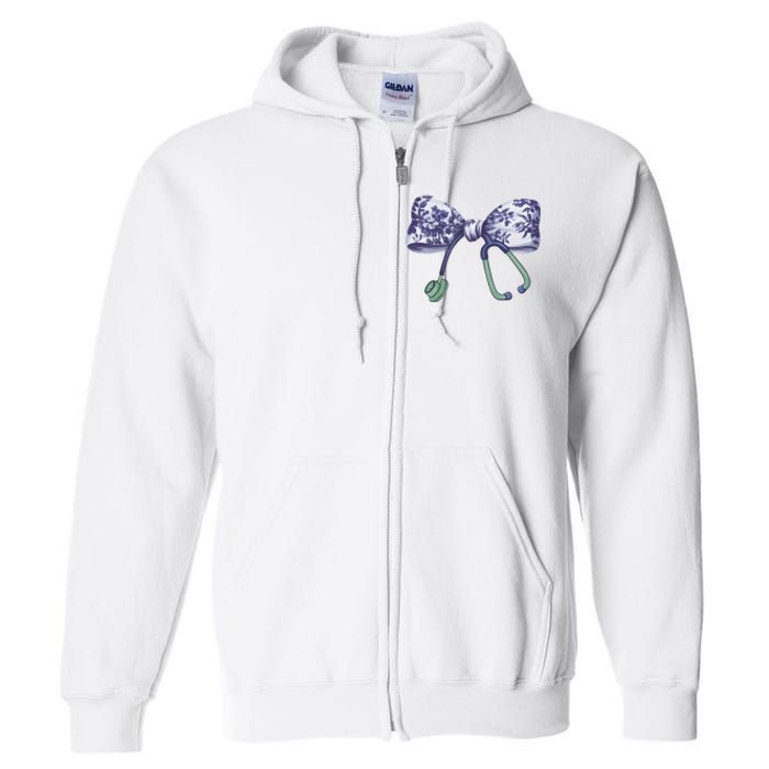 Cute Gift Floral Blue Coquette Bow Stethoscope Nurse Doctor Full Zip Hoodie