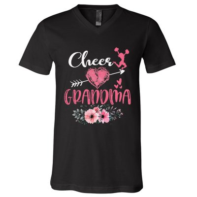 Cheer Grandma Floral Funny Cheerleader Heart Mother's Day V-Neck T-Shirt