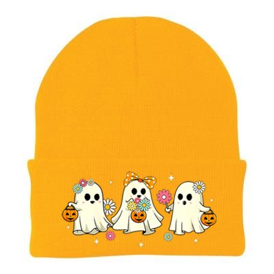 Cute Ghost Floral Groovy Vintage Halloween Spooky Season Knit Cap Winter Beanie