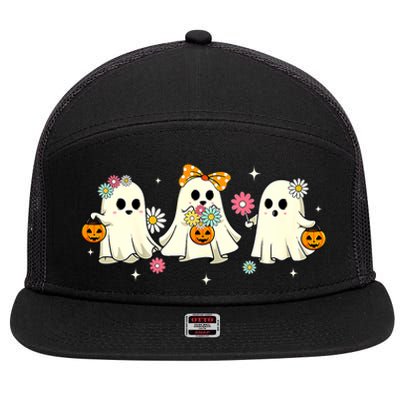 Cute Ghost Floral Groovy Vintage Halloween Spooky Season 7 Panel Mesh Trucker Snapback Hat