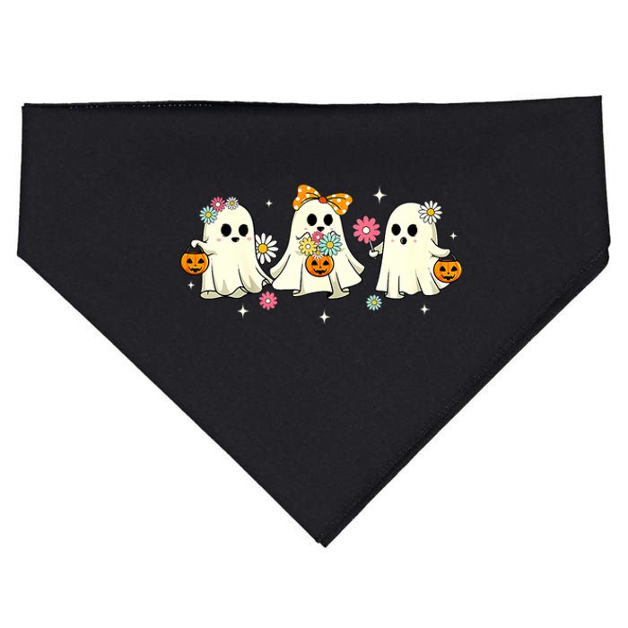 Cute Ghost Floral Groovy Vintage Halloween Spooky Season USA-Made Doggie Bandana