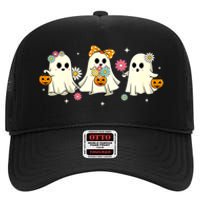 Cute Ghost Floral Groovy Vintage Halloween Spooky Season High Crown Mesh Back Trucker Hat