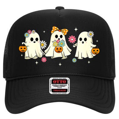 Cute Ghost Floral Groovy Vintage Halloween Spooky Season High Crown Mesh Back Trucker Hat