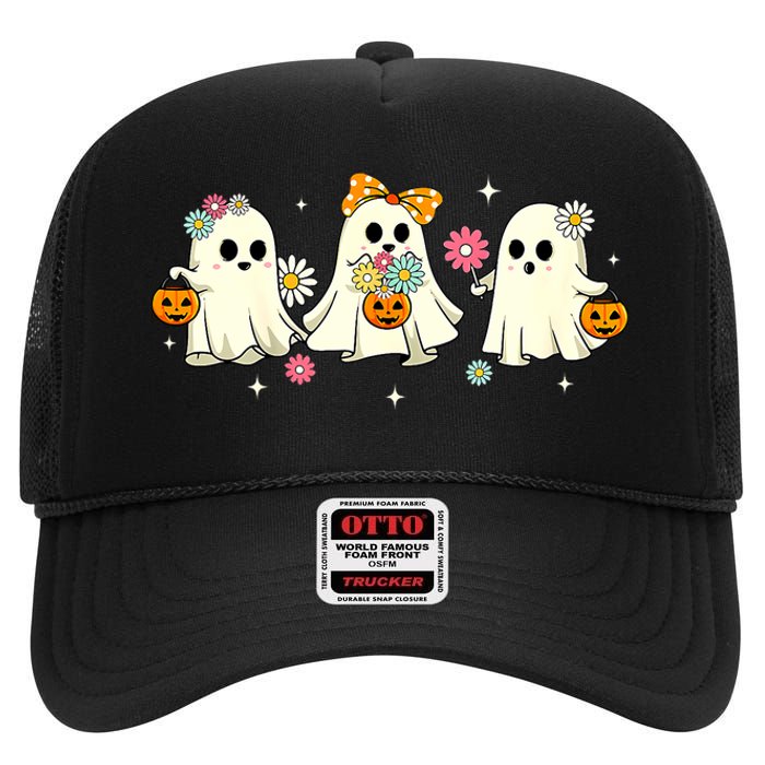 Cute Ghost Floral Groovy Vintage Halloween Spooky Season High Crown Mesh Back Trucker Hat