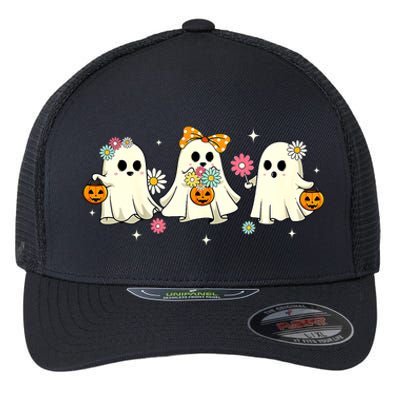 Cute Ghost Floral Groovy Vintage Halloween Spooky Season Flexfit Unipanel Trucker Cap