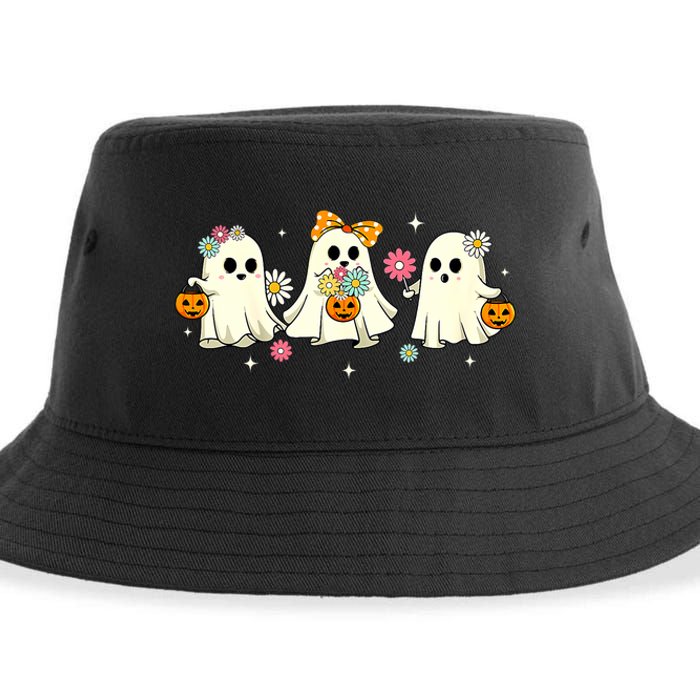 Cute Ghost Floral Groovy Vintage Halloween Spooky Season Sustainable Bucket Hat