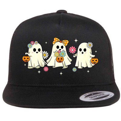 Cute Ghost Floral Groovy Vintage Halloween Spooky Season Flat Bill Trucker Hat