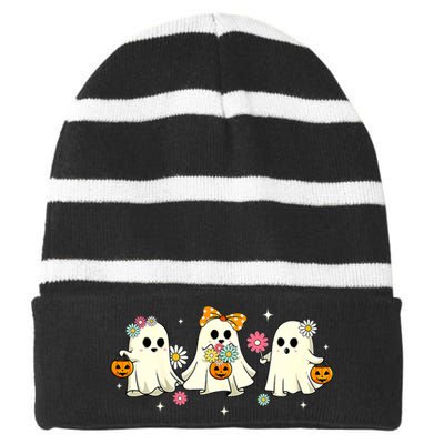 Cute Ghost Floral Groovy Vintage Halloween Spooky Season Striped Beanie with Solid Band