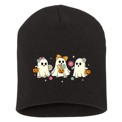 Cute Ghost Floral Groovy Vintage Halloween Spooky Season Short Acrylic Beanie