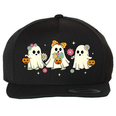 Cute Ghost Floral Groovy Vintage Halloween Spooky Season Wool Snapback Cap