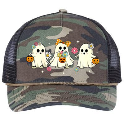 Cute Ghost Floral Groovy Vintage Halloween Spooky Season Retro Rope Trucker Hat Cap