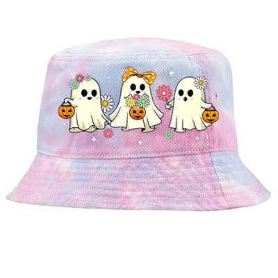 Cute Ghost Floral Groovy Vintage Halloween Spooky Season Tie-Dyed Bucket Hat