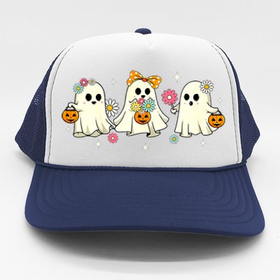 Cute Ghost Floral Groovy Vintage Halloween Spooky Season Trucker Hat