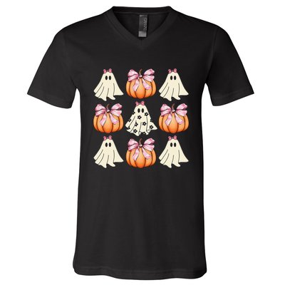 Cute Ghost Florals Coquette Bows Pumpkins Halloween V-Neck T-Shirt