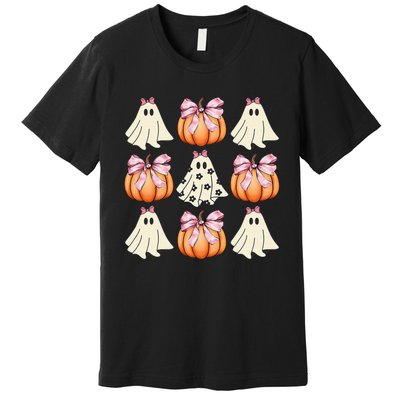 Cute Ghost Florals Coquette Bows Pumpkins Halloween Premium T-Shirt