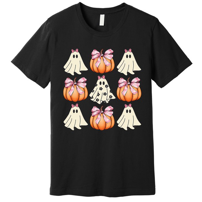 Cute Ghost Florals Coquette Bows Pumpkins Halloween Premium T-Shirt