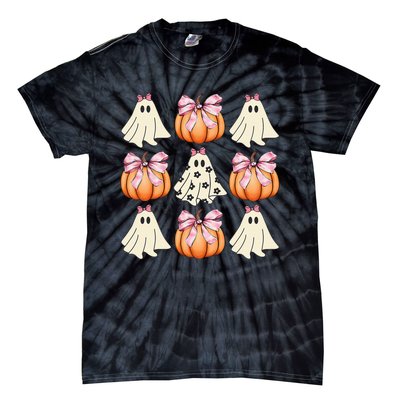 Cute Ghost Florals Coquette Bows Pumpkins Halloween Tie-Dye T-Shirt