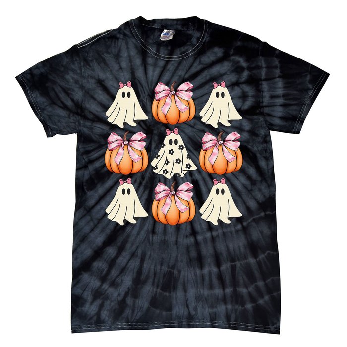 Cute Ghost Florals Coquette Bows Pumpkins Halloween Tie-Dye T-Shirt