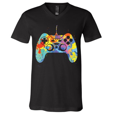 Colorful Gamer Graphic Gaming Controller Graphic V-Neck T-Shirt