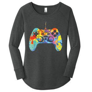 Colorful Gamer Graphic Gaming Controller Graphic Women's Perfect Tri Tunic Long Sleeve Shirt