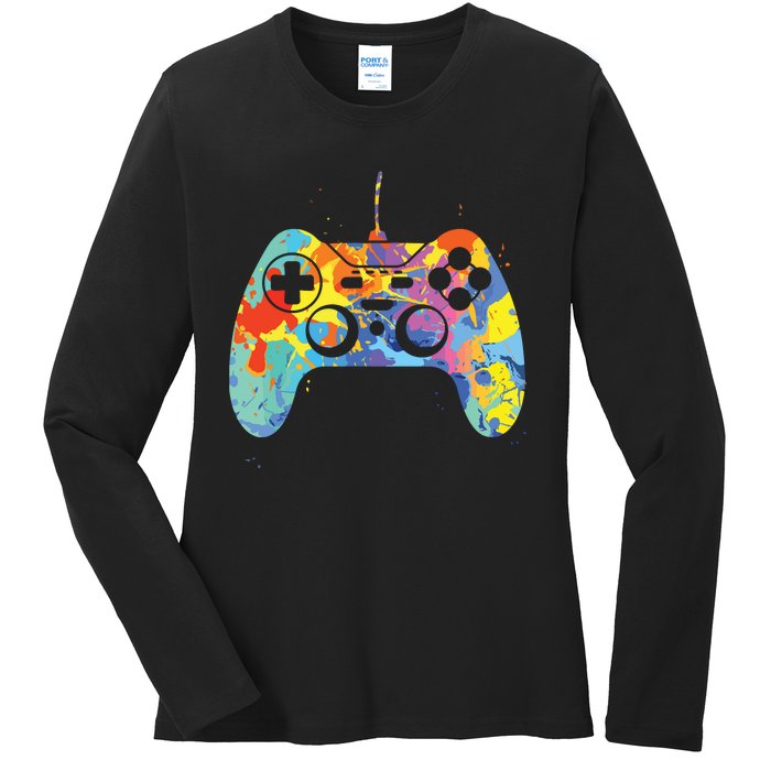 Colorful Gamer Graphic Gaming Controller Graphic Ladies Long Sleeve Shirt