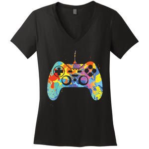 Colorful Gamer Graphic Gaming Controller Graphic Women's V-Neck T-Shirt