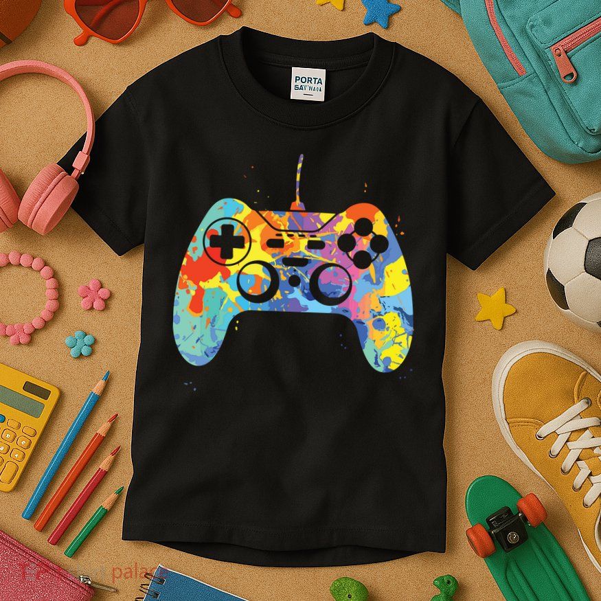Colorful Gamer Graphic Gaming Controller Graphic Kids T-Shirt
