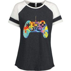 Colorful Gamer Graphic Gaming Controller Graphic Enza Ladies Jersey Colorblock Tee