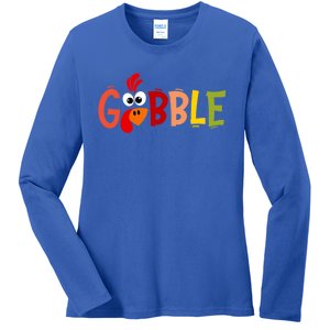 Cute Gobble Gobble Turkey Pilgrim Little Thanksgiving Gift Ladies Long Sleeve Shirt