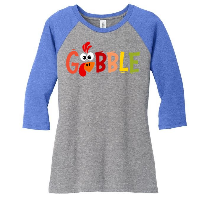 Cute Gobble Gobble Turkey Pilgrim Little Thanksgiving Gift Women's Tri-Blend 3/4-Sleeve Raglan Shirt