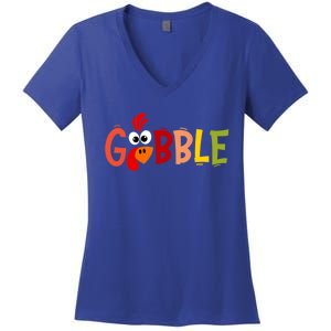 Cute Gobble Gobble Turkey Pilgrim Little Thanksgiving Gift Women's V-Neck T-Shirt