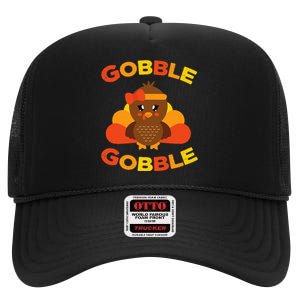 Cute Gobble Gobble Turkey Pilgrim Little Thanksgiving High Crown Mesh Back Trucker Hat