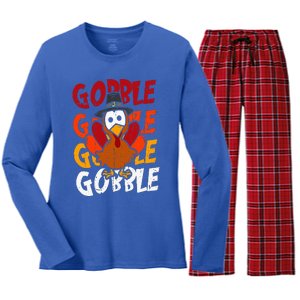 Cute Gobble Gobble Turkey Pilgrim Little  Thanksgiving Women's Long Sleeve Flannel Pajama Set 