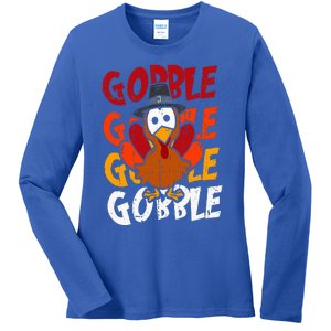 Cute Gobble Gobble Turkey Pilgrim Little  Thanksgiving Ladies Long Sleeve Shirt