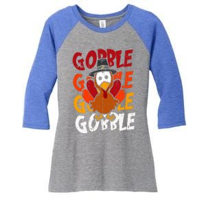 Cute Gobble Gobble Turkey Pilgrim Little  Thanksgiving Women's Tri-Blend 3/4-Sleeve Raglan Shirt