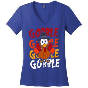 Cute Gobble Gobble Turkey Pilgrim Little  Thanksgiving Women's V-Neck T-Shirt