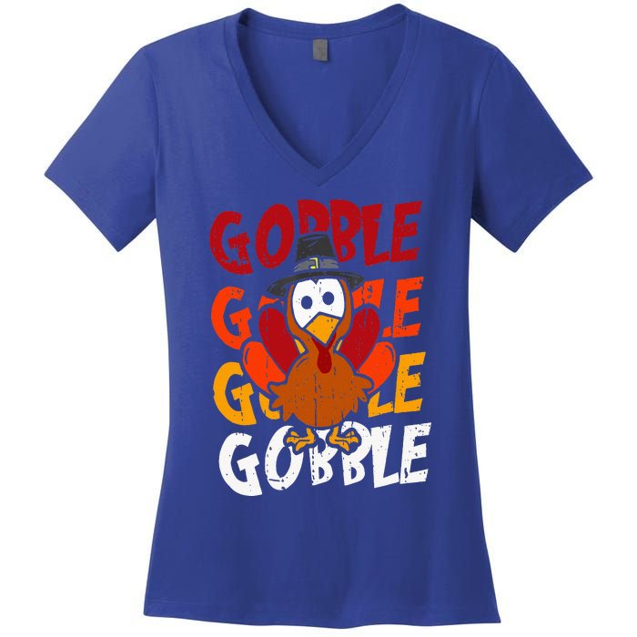 Cute Gobble Gobble Turkey Pilgrim Little  Thanksgiving Women's V-Neck T-Shirt