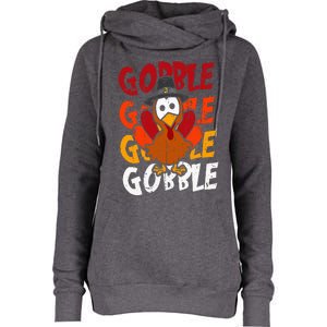 Cute Gobble Gobble Turkey Pilgrim Little  Thanksgiving Womens Funnel Neck Pullover Hood