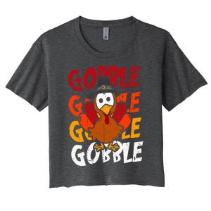 Cute Gobble Gobble Turkey Pilgrim Little  Thanksgiving Women's Crop Top Tee