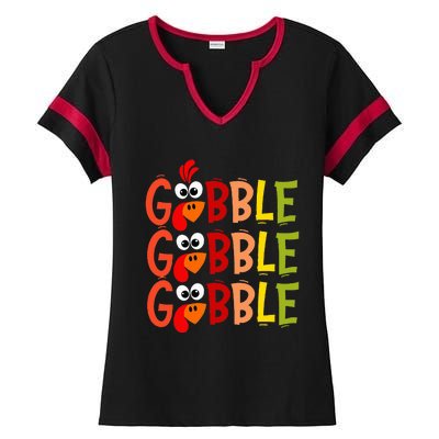 Cute Gobble Gobble Turkey Pilgrim Little Thanksgiving Ladies Halftime Notch Neck Tee