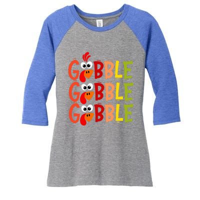 Cute Gobble Gobble Turkey Pilgrim Little Thanksgiving Women's Tri-Blend 3/4-Sleeve Raglan Shirt