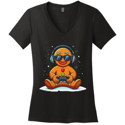 Christmas Gamer Gingerbread Man Video Game Xmas Funny Women's V-Neck T-Shirt
