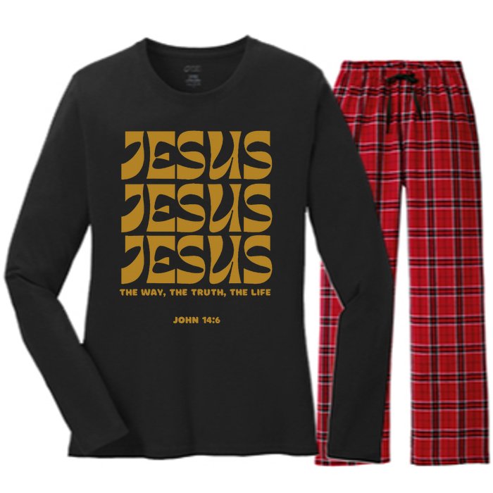 Christian Gift Gold Jesus The Way Truth Life Aesthetic Boho Women's Long Sleeve Flannel Pajama Set 