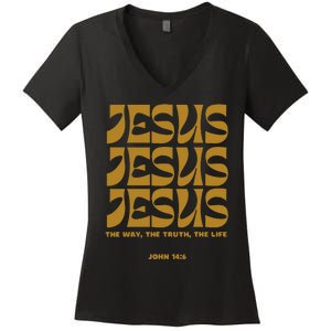 Christian Gift Gold Jesus The Way Truth Life Aesthetic Boho Women's V-Neck T-Shirt