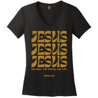 Christian Gift Gold Jesus The Way Truth Life Aesthetic Boho Women's V-Neck T-Shirt